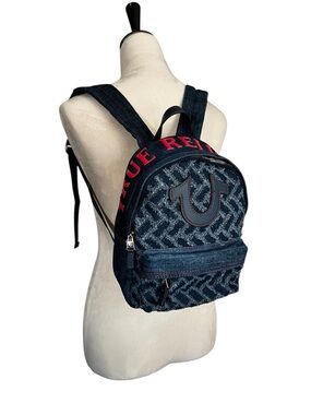 True Religion Small Denim Logo Mini Backpack with Red Accents